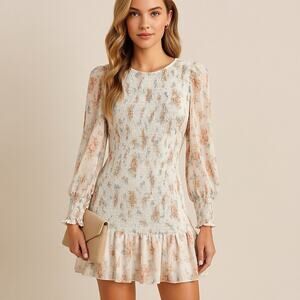 Storia Cream Floral Long Sleeve Mini Dress Romantic Size S